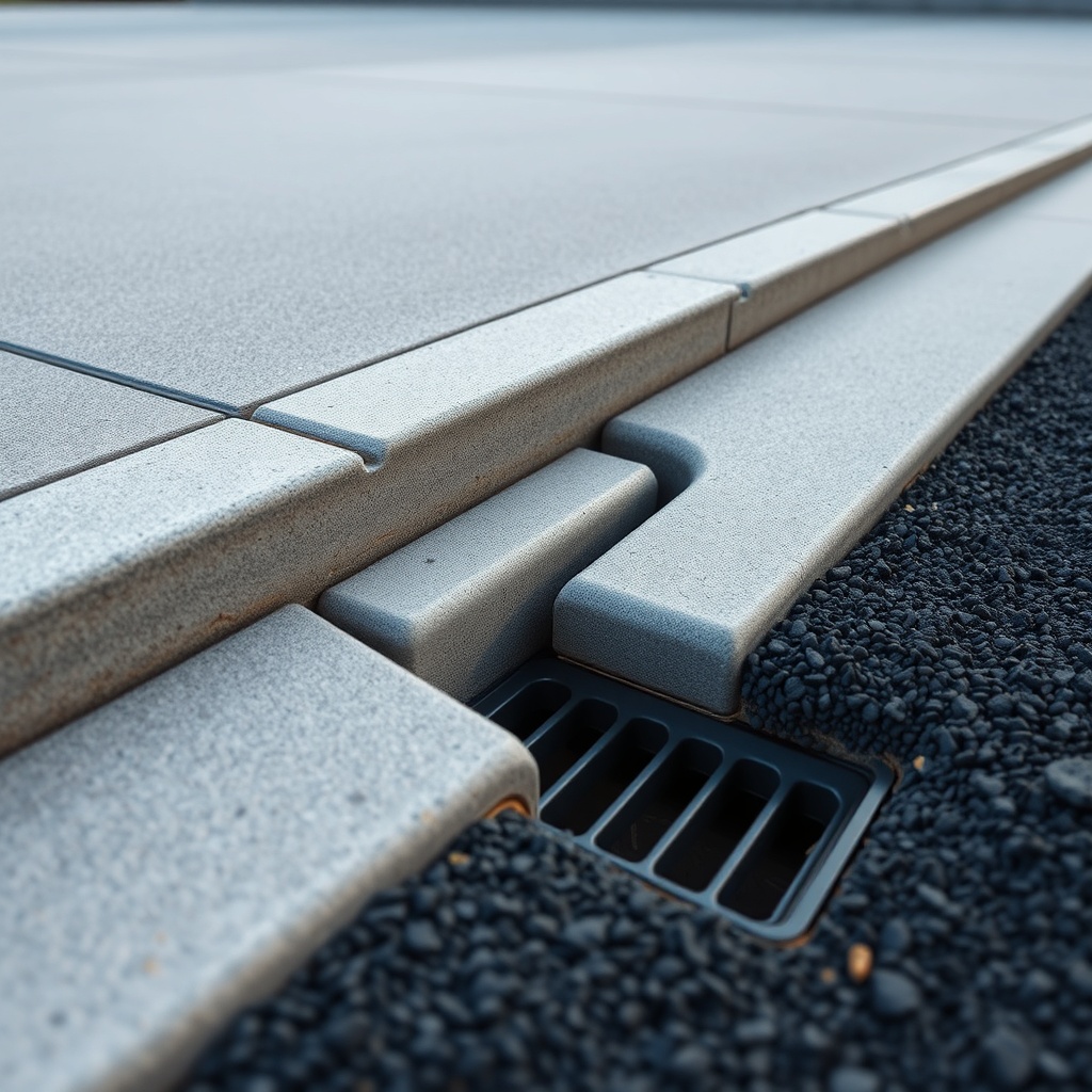 A photorealistic scene of a driveway edge showing a concrete curb restraining AsphaltPaveP