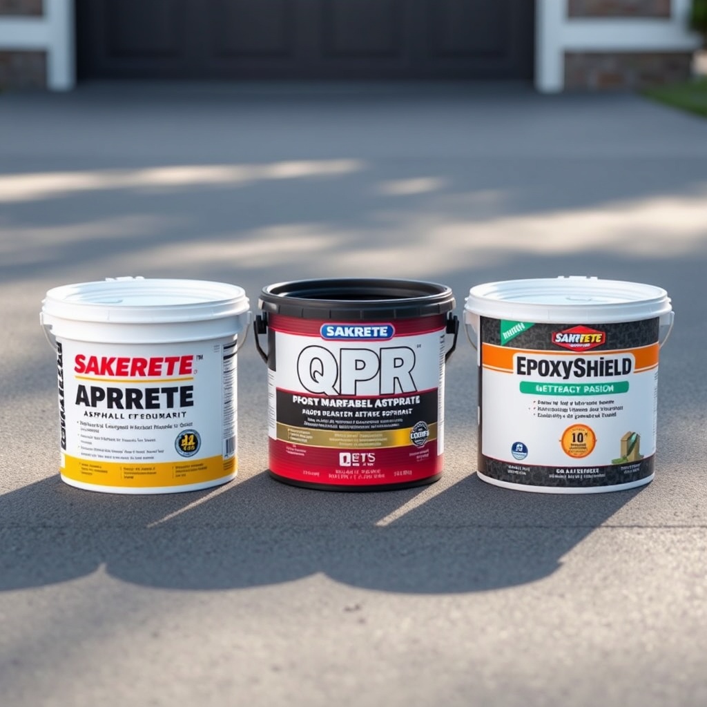 <clean photorealistic photo of three opened asphalt repair containers side by side on a gr