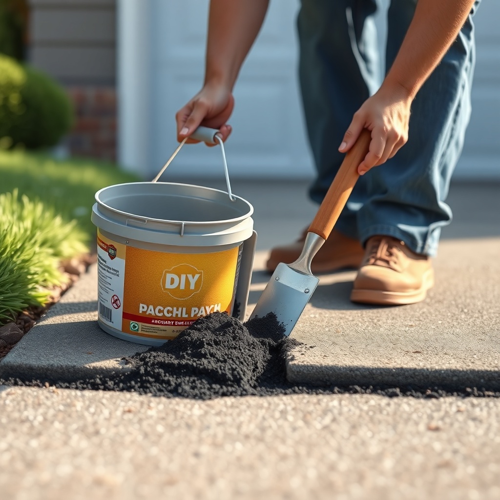 <clean photorealistic illustration of a DIY homeowner applying asphalt patch from a bucket