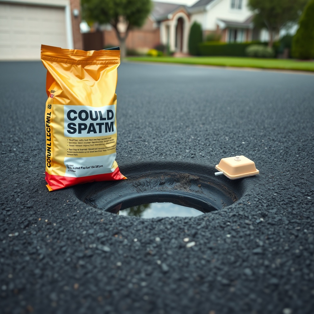 <Photorealistic photo of a small pothole in an asphalt driveway