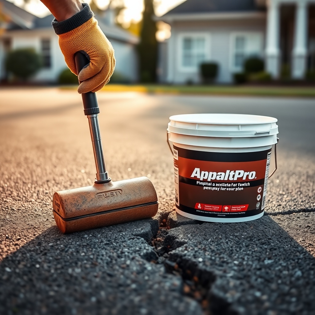 <Photorealistic photo of a contractor's hand tamper and a bucket of AsphaltPavePro cold pa
