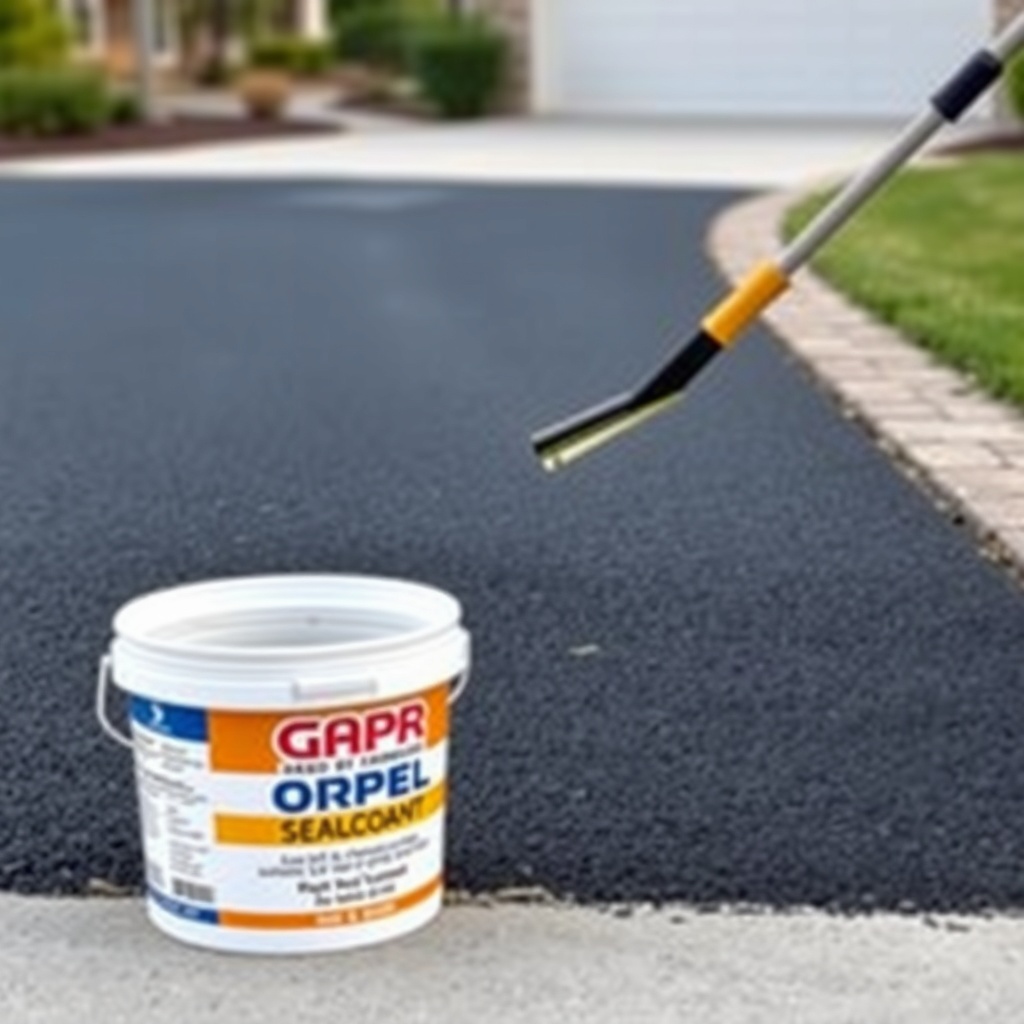 <A clean photorealistic photo showing a freshly applied QPR asphalt patch being sealcoated