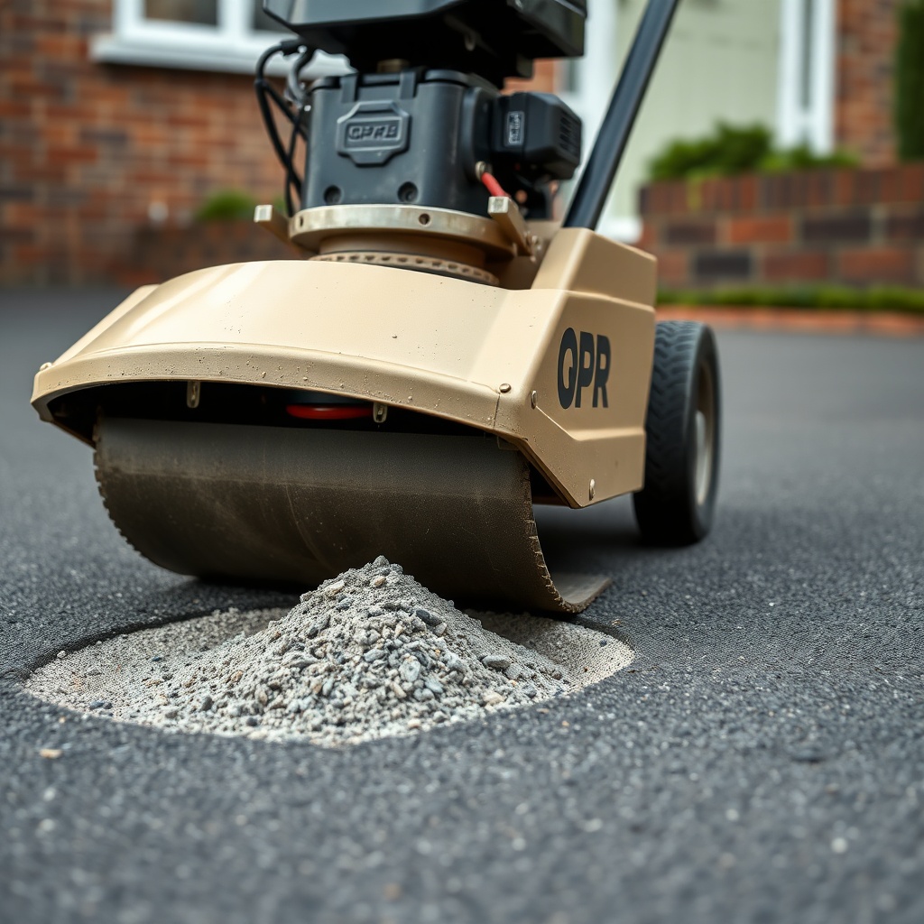 A photorealistic close-up of a vibrating plate compactor working over a freshly placed QPR