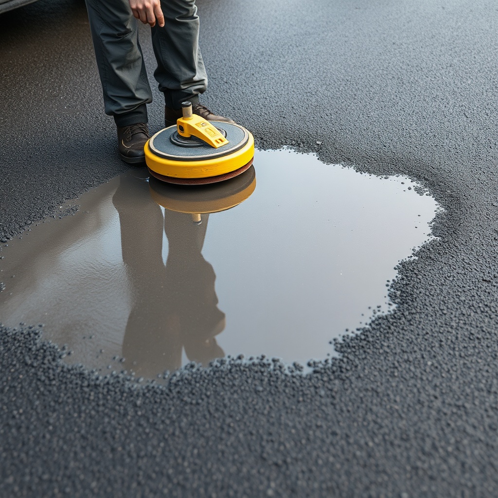 <Photorealistic photo of a patch being applied to a damp tarmac surface with slight sheen