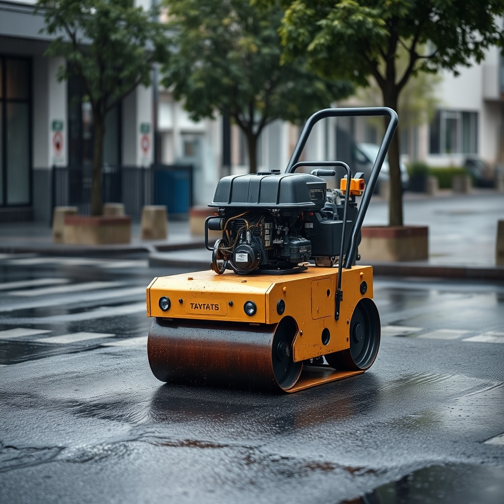 <Photorealistic photo of a vibratory plate compactor working on a black patched area in a