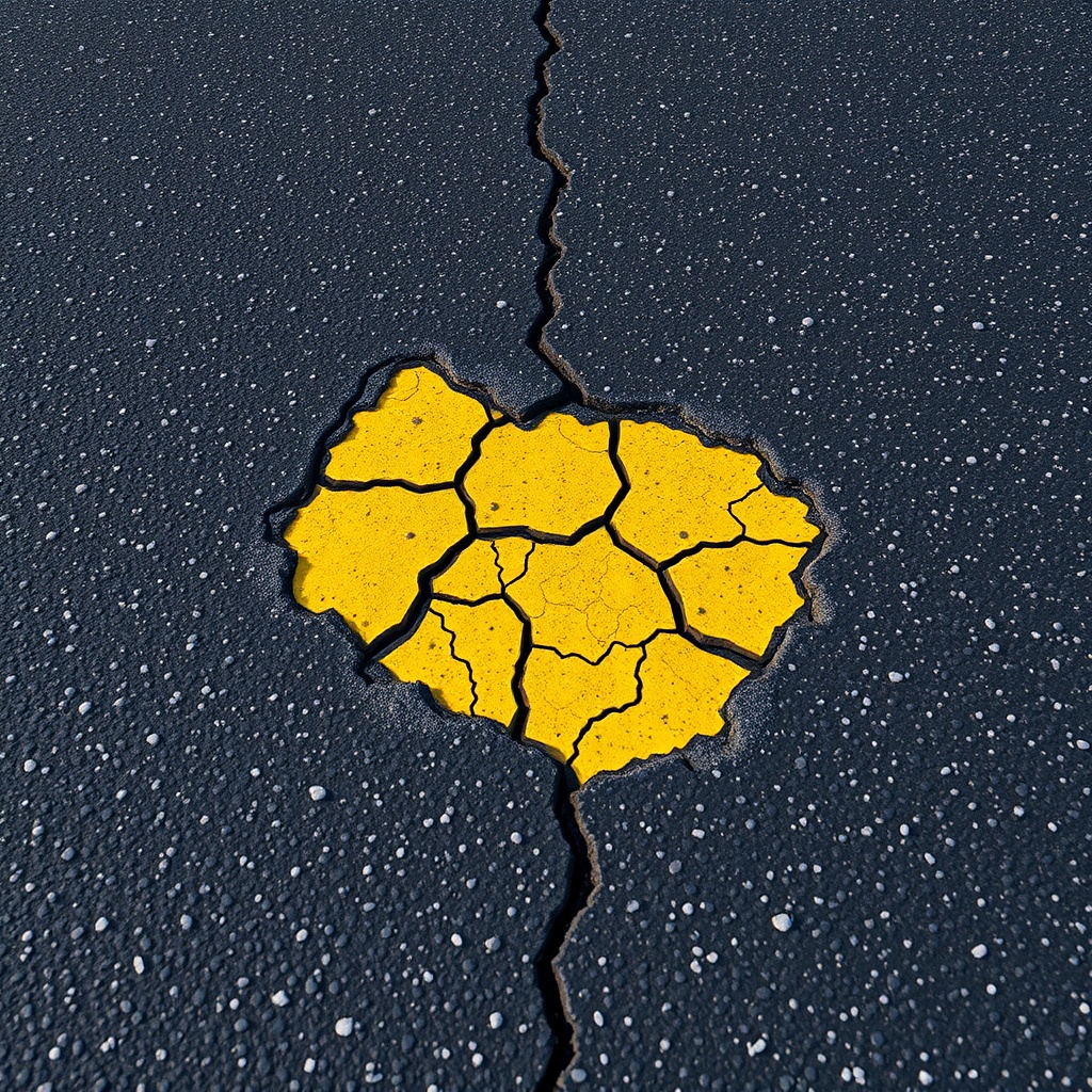 <clean photorealistic photo/illustration of a failed thin QPR patch on asphalt showing rav