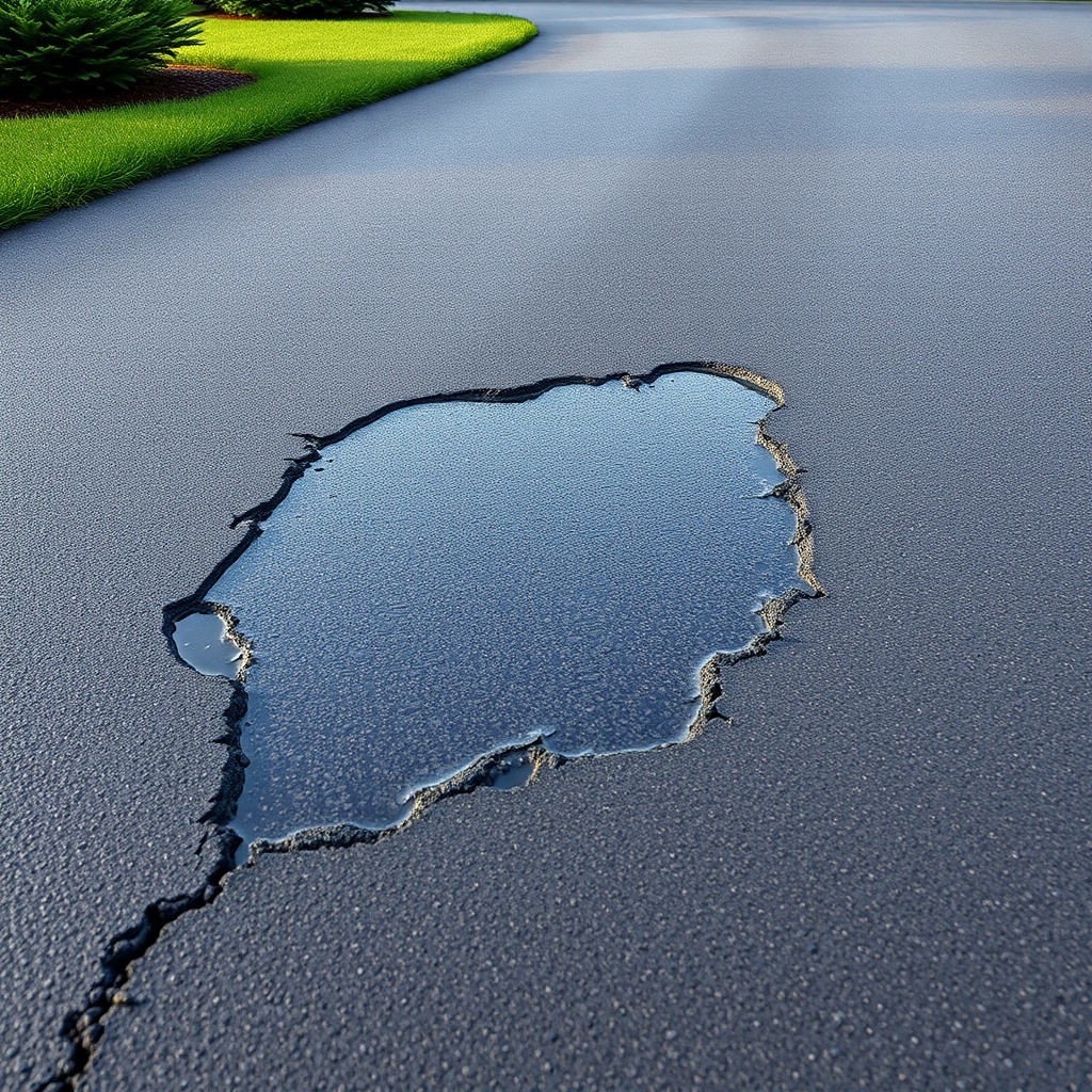 <clean photorealistic photo/illustration of a thin asphalt patch with standing water and r