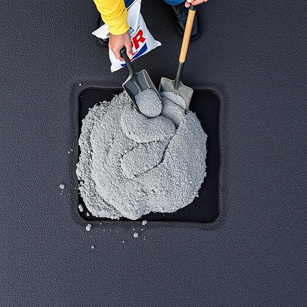 A photorealistic overhead view of a technician spreading gray QPR cold patch from a bag in