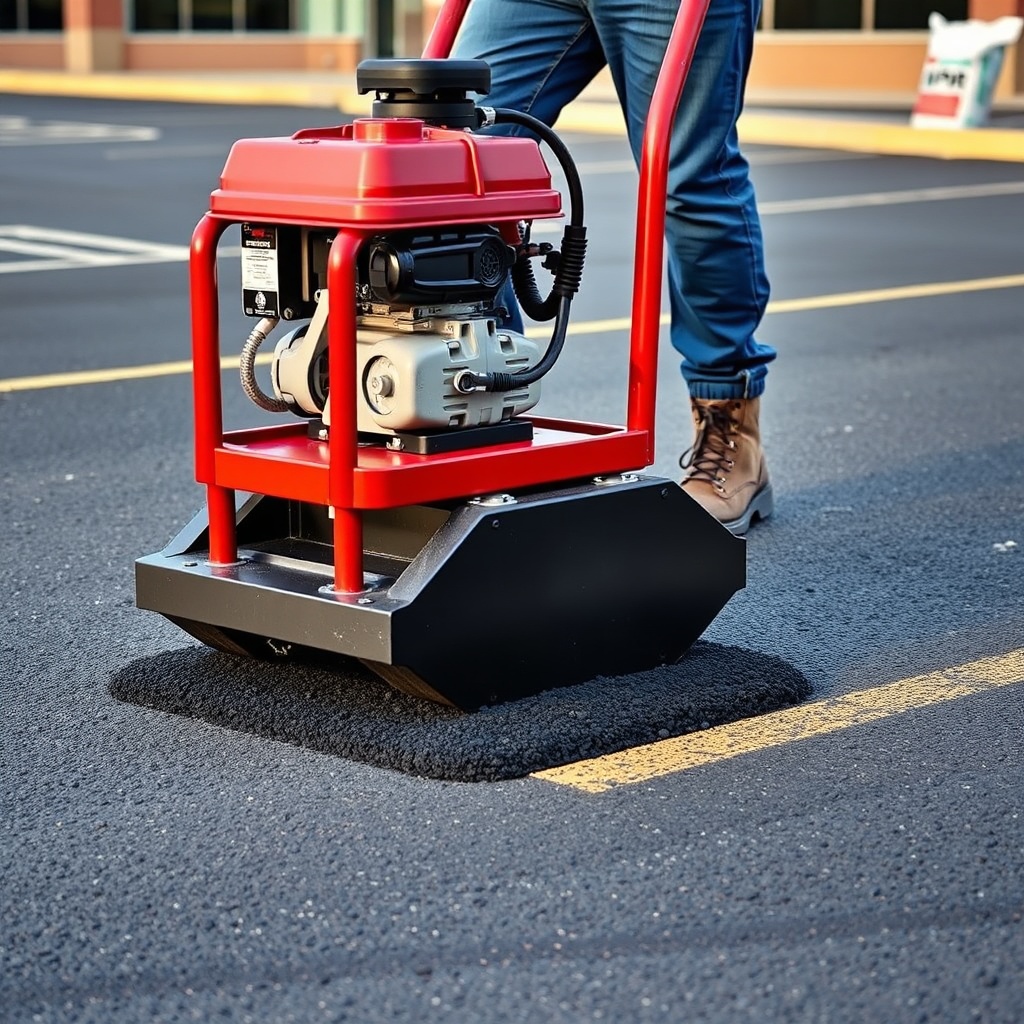 A photorealistic side-angle view of a vibrating plate compactor with red frame and black b