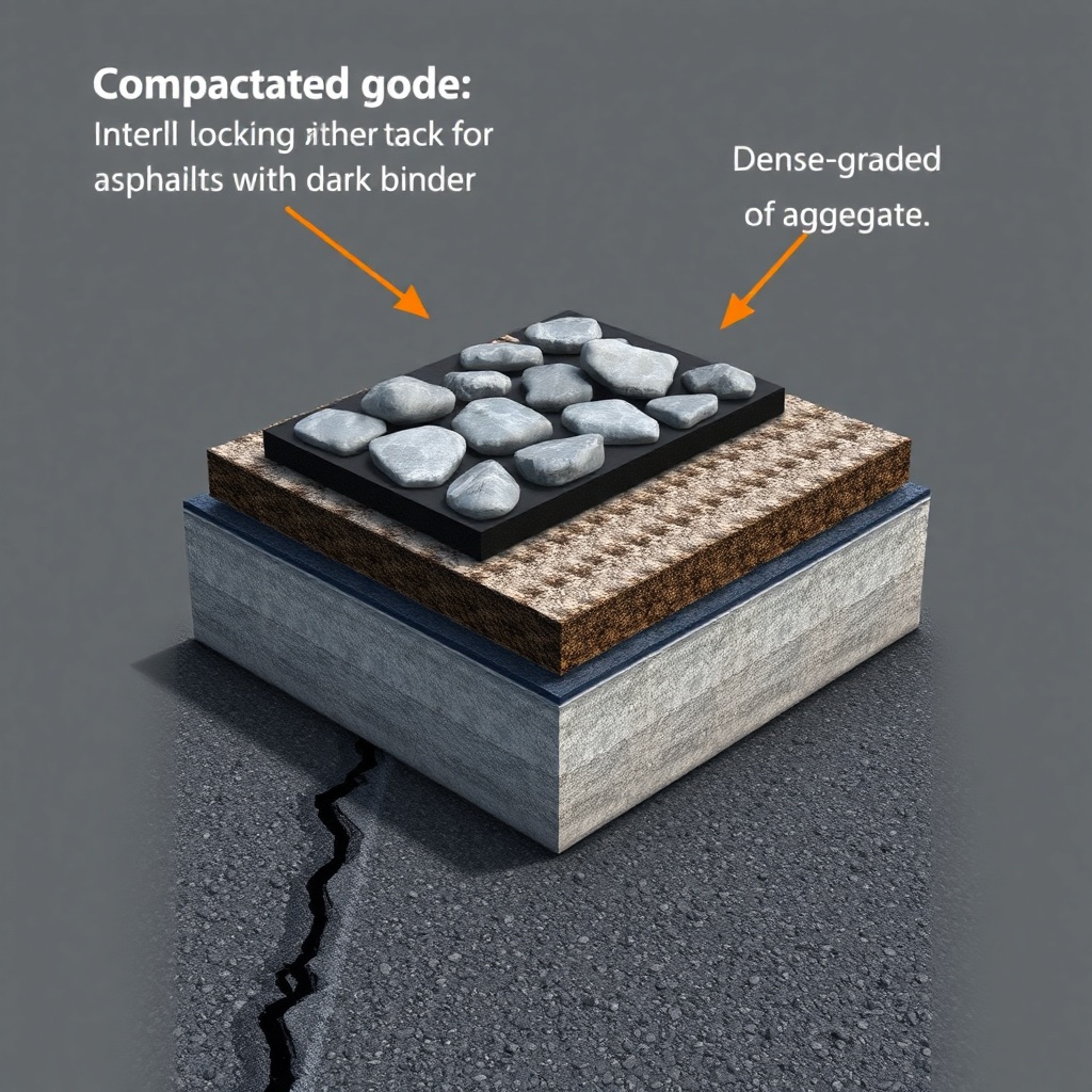 A photorealistic illustration showing a cross-section of a compacted asphalt patch