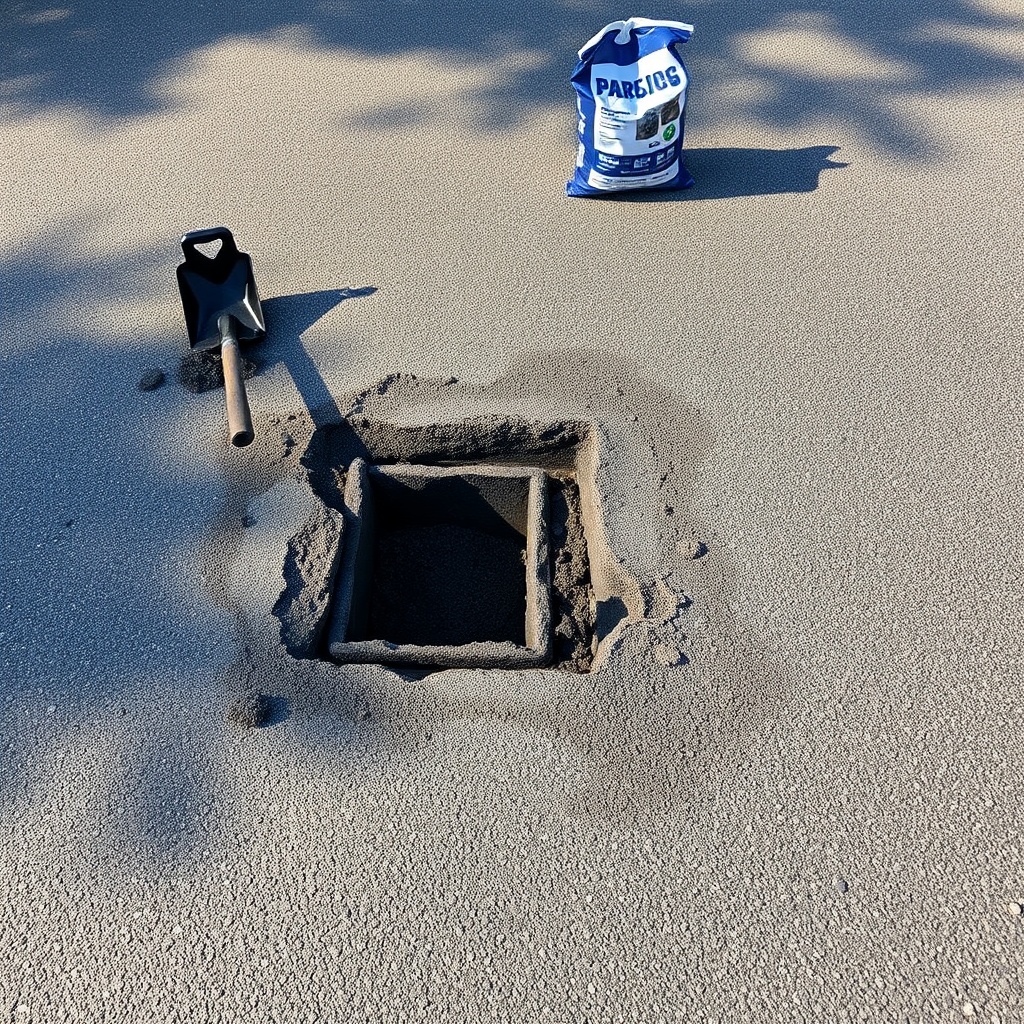 A weathered asphalt driveway with a square-cut pothole