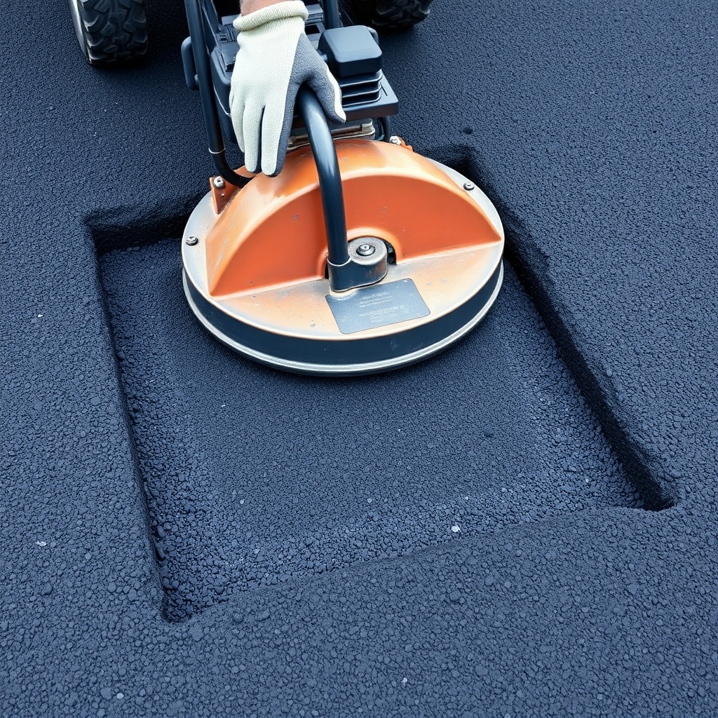 A close-up of a plate compactor moving over a freshly applied dark asphalt patch in a rect