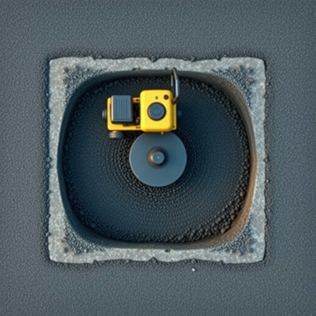 A clean photorealistic top-down shot showing a vibrating plate compactor on a fresh QPR as