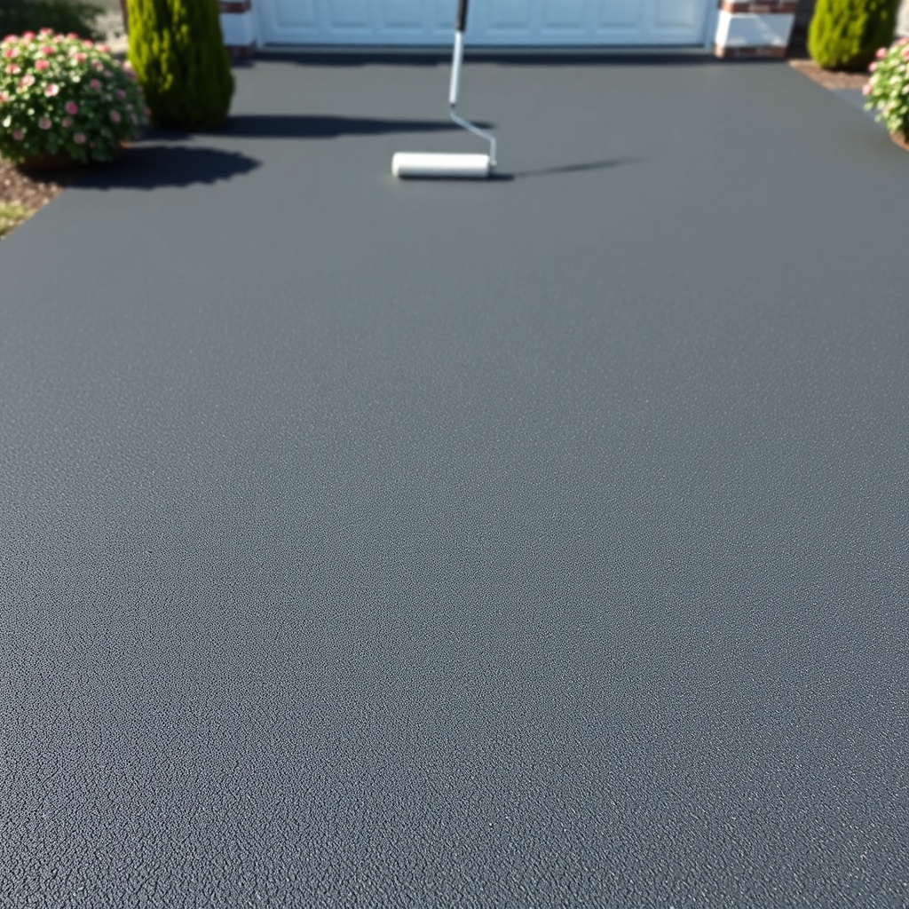 <clean photorealistic photo/illustration showing a freshly coated asphalt driveway with tw