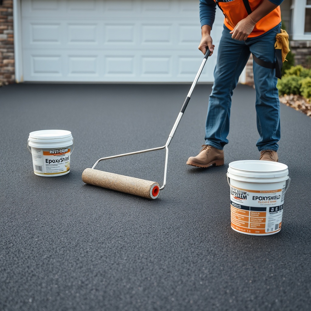 <clean photorealistic photo/illustration showing a contractor using a roller to apply Rust