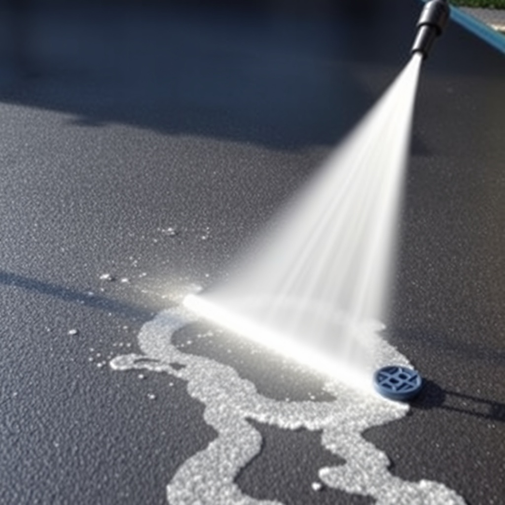 A clean photorealistic photo showing a pressure washer blasting water onto a dark asphalt