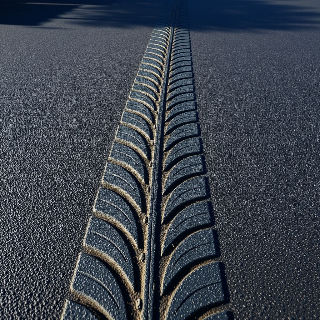 A photorealistic close-up of a dark asphalt driveway with a glossy EpoxyShield coating
