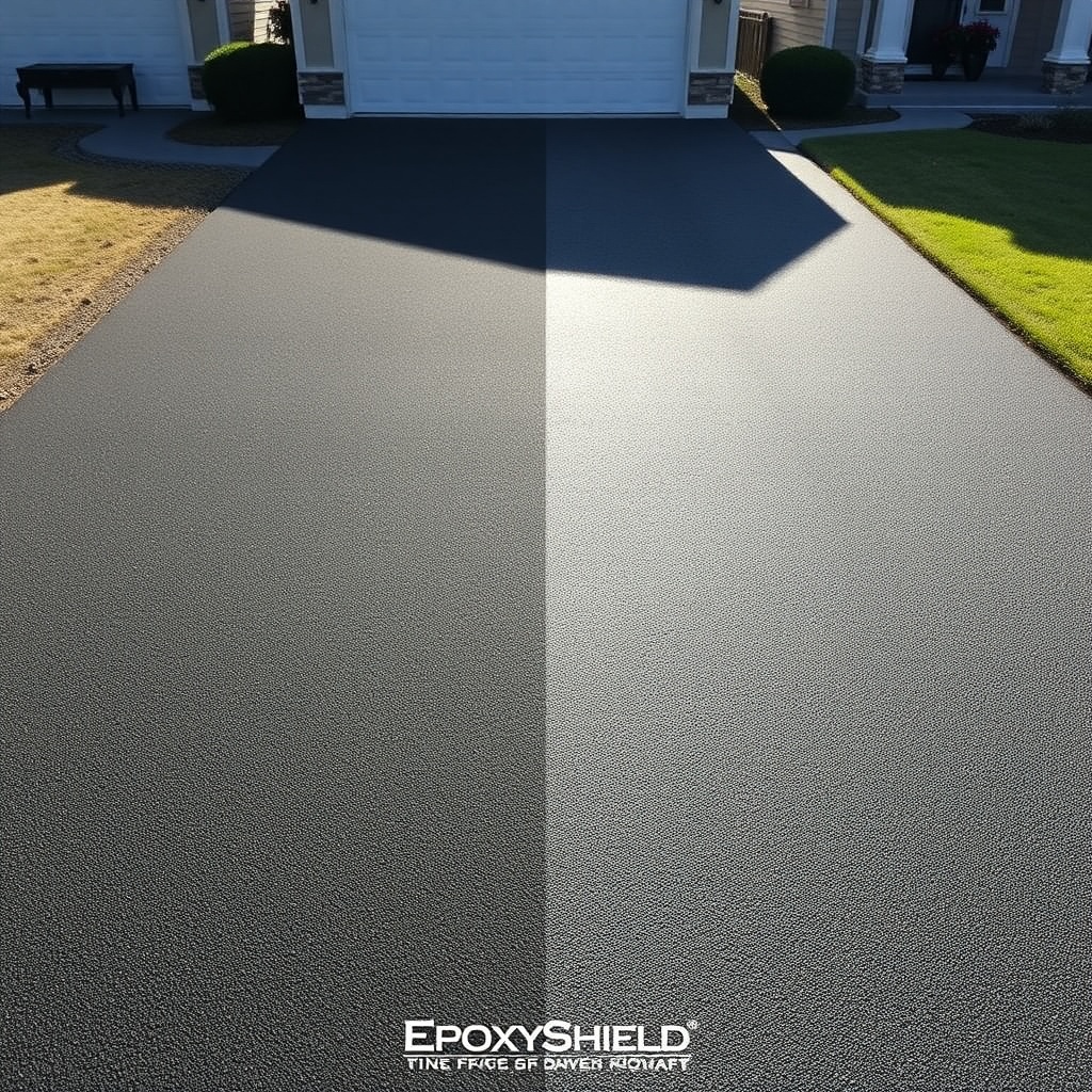 A photorealistic split-view of an asphalt driveway half coated with EpoxyShield and half u