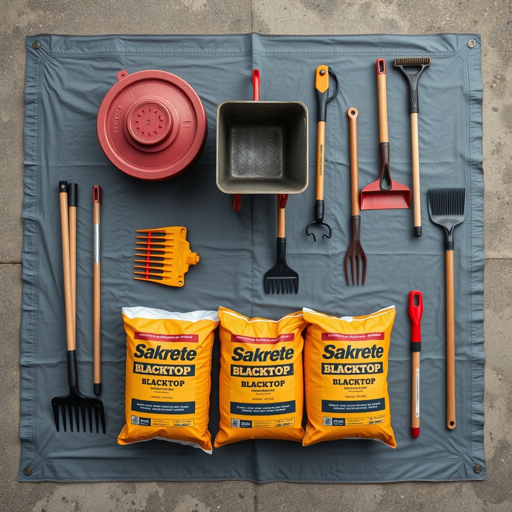 A clean photorealistic overhead shot of all tools laid out on a tarp: a plate compactor