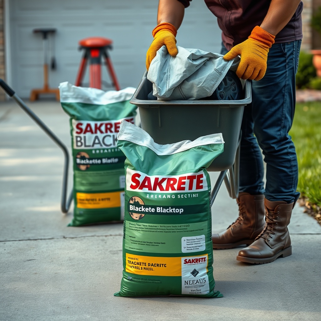 A photorealistic frontal view of a man in work boots and gloves dumping a bag of Sakrete B