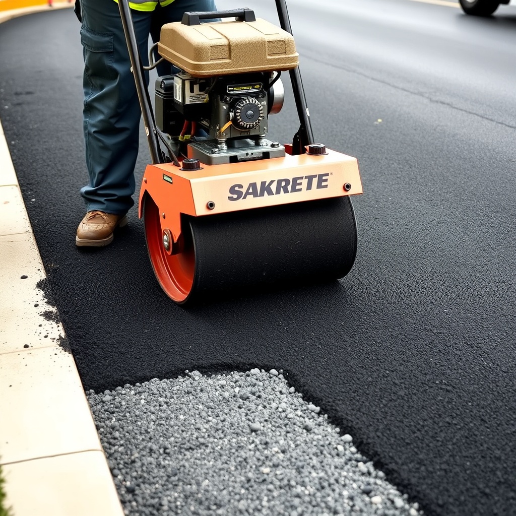 A photorealistic side-view photo showing a worker using a vibratory plate compactor on a f