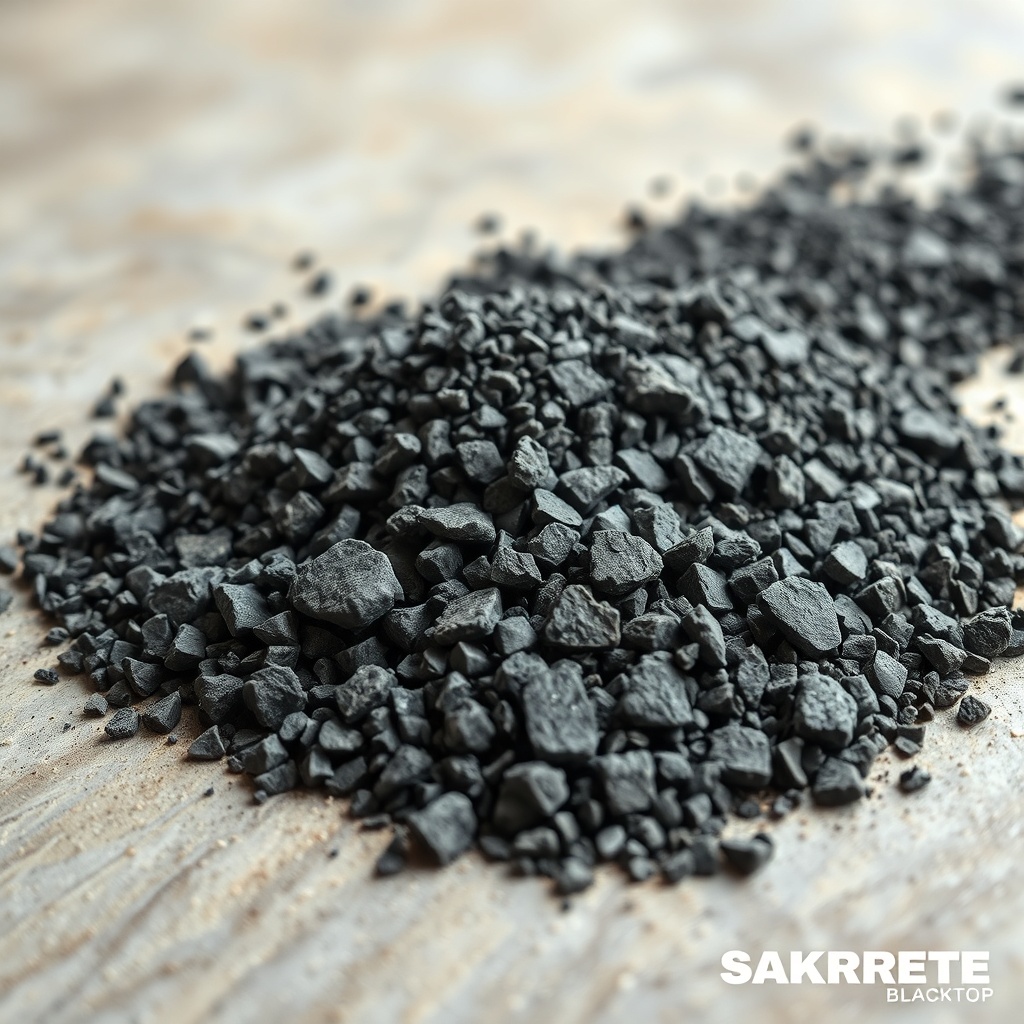 <A photorealistic photo showing a close-up of Sakrete Blacktop aggregate particles with vi