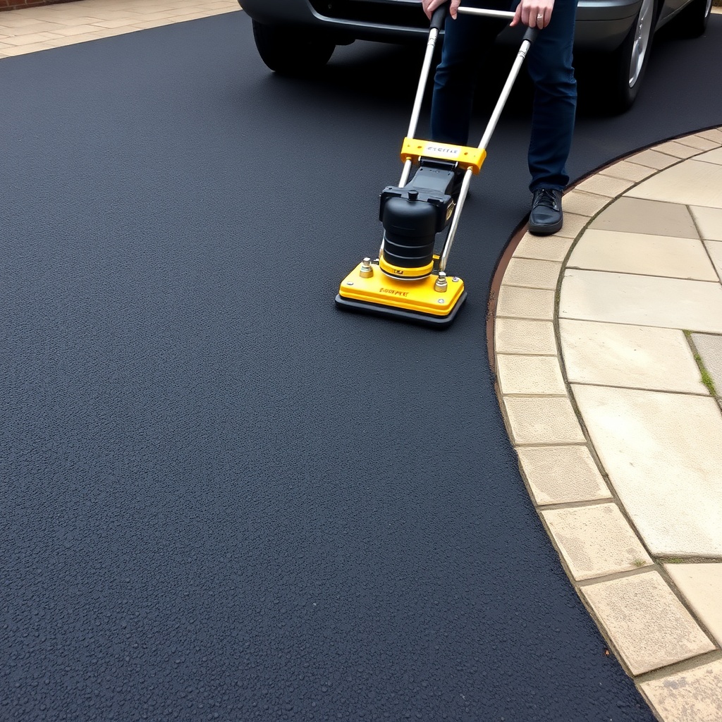 <A photorealistic photo showing a driveway patching job with Sakrete Blacktop compacted wi