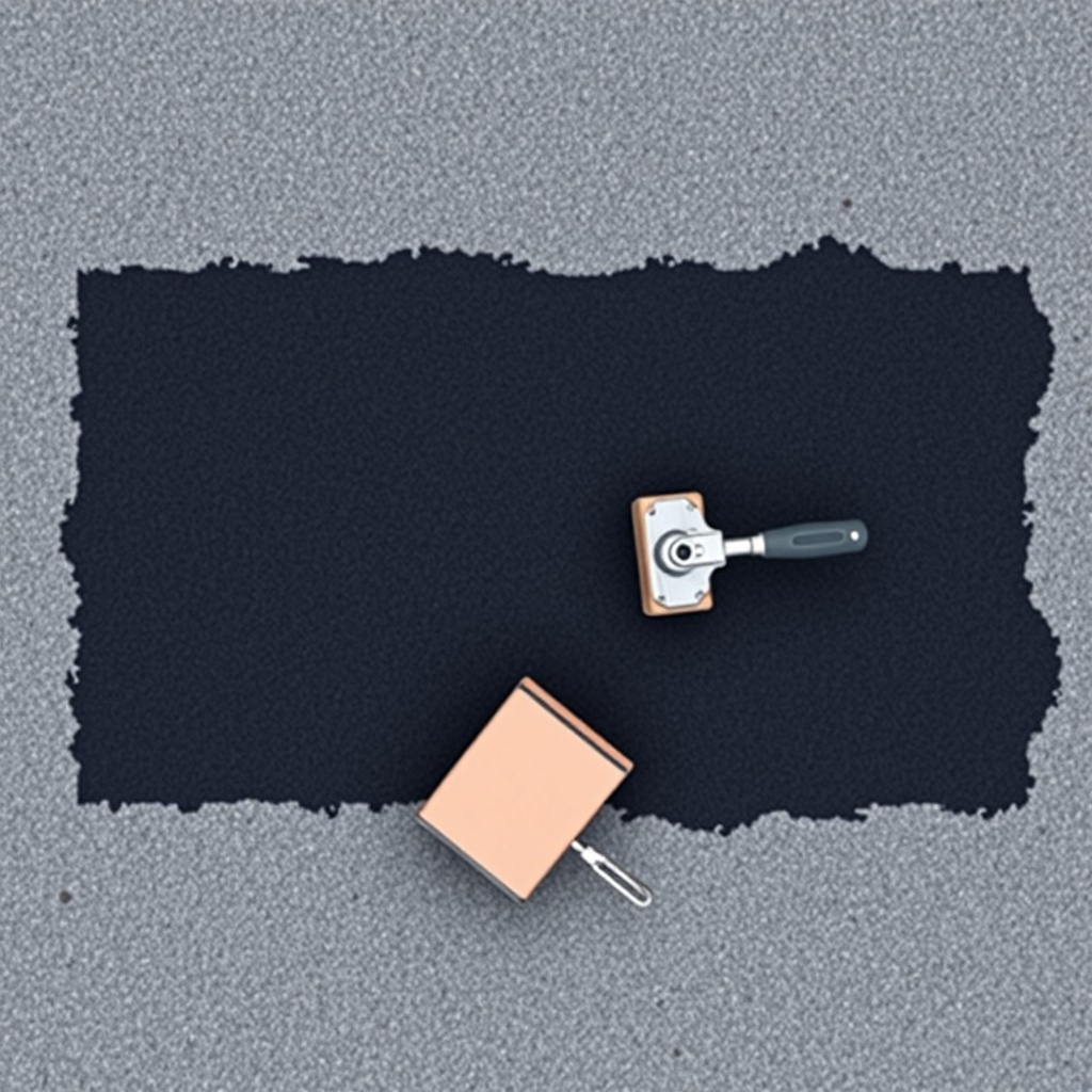 A photorealistic overhead photo of a freshly applied black cold patch in a rectangular cut