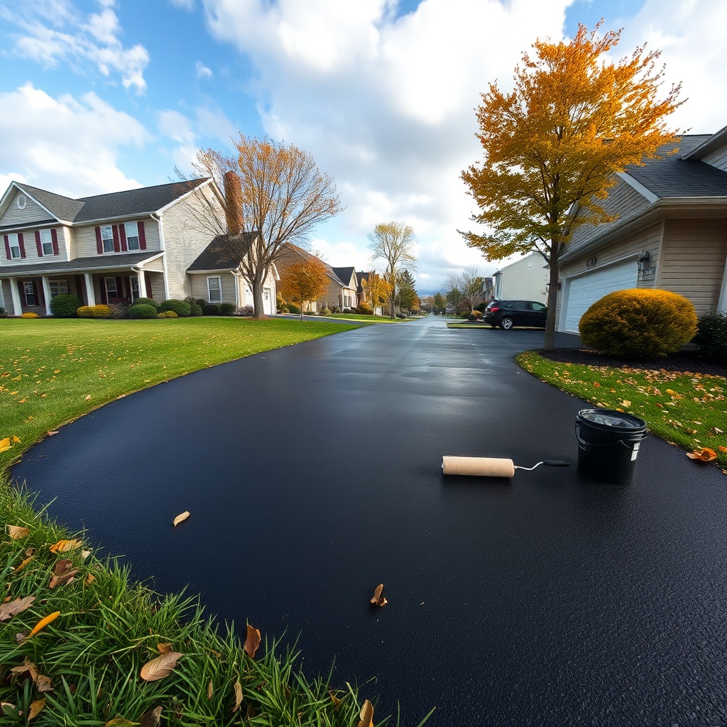 A photorealistic wide-angle shot of a suburban driveway freshly covered in dark black seal