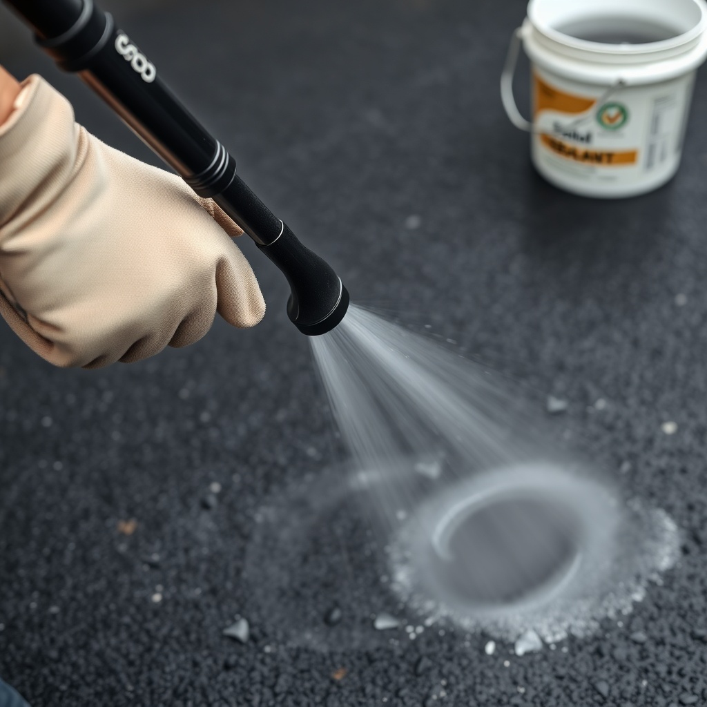 A photorealistic close-up of a gloved hand using a pressure washer nozzle to clean a dark