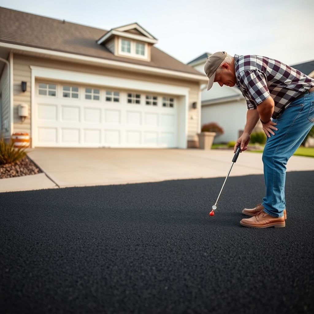 <clean photorealistic photo of a homeowner checking the surface condition of a newly laid