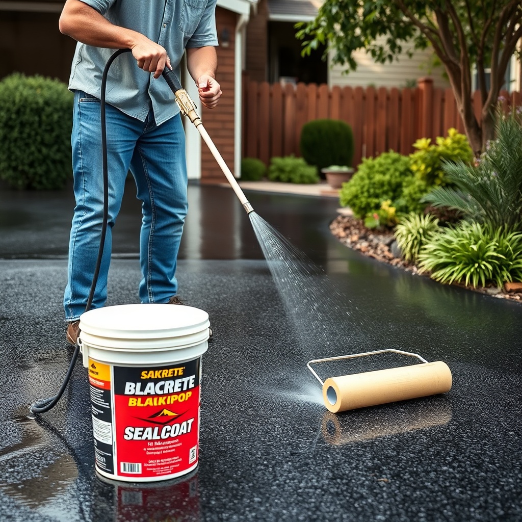 <clean photorealistic photo of a homeowner pressure washing a Sakrete Blacktop driveway