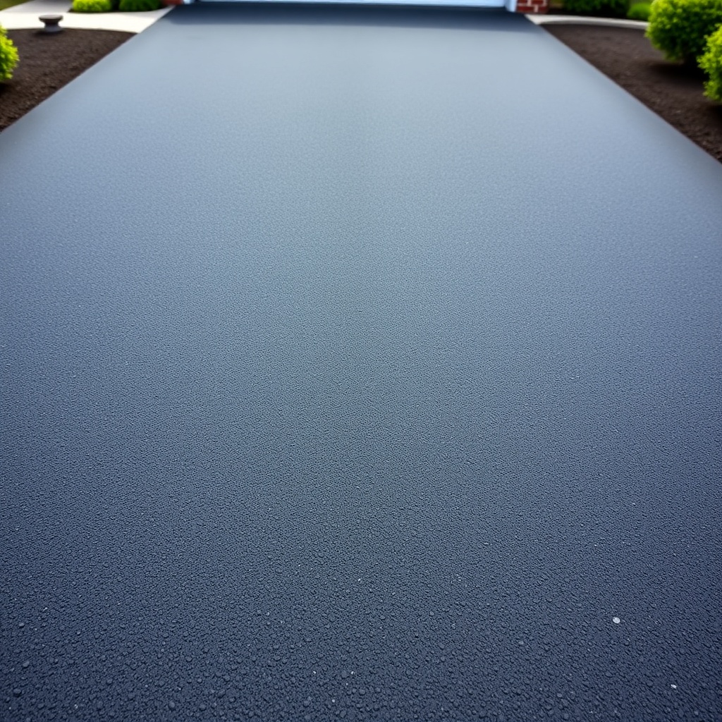 A photorealistic wide-angle shot of a freshly laid Sakrete Blacktop driveway in bright day