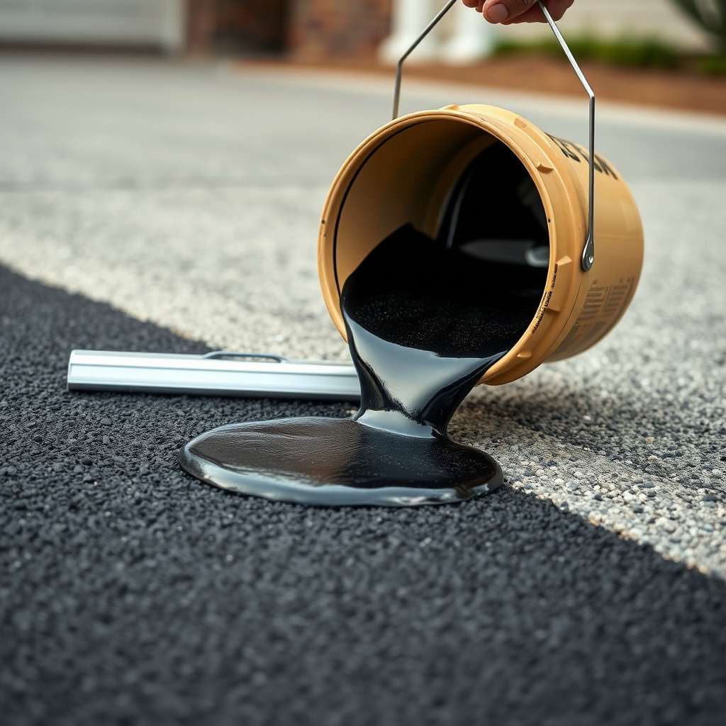 A photorealistic close-up of a bucket of black asphalt sealer being poured onto a driveway
