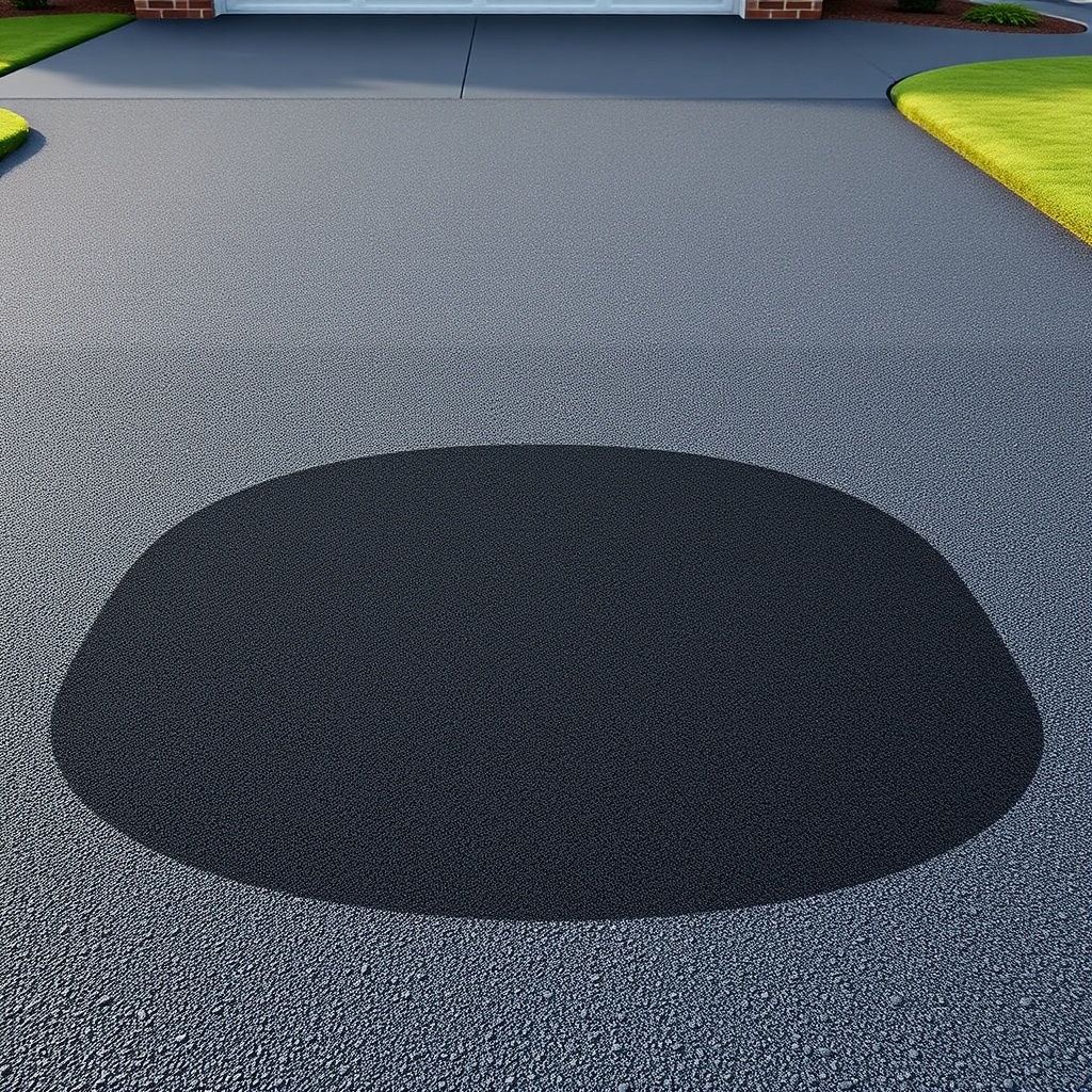 <clean photorealistic photo/illustration of a driveway with a sealed QPR patch blending se