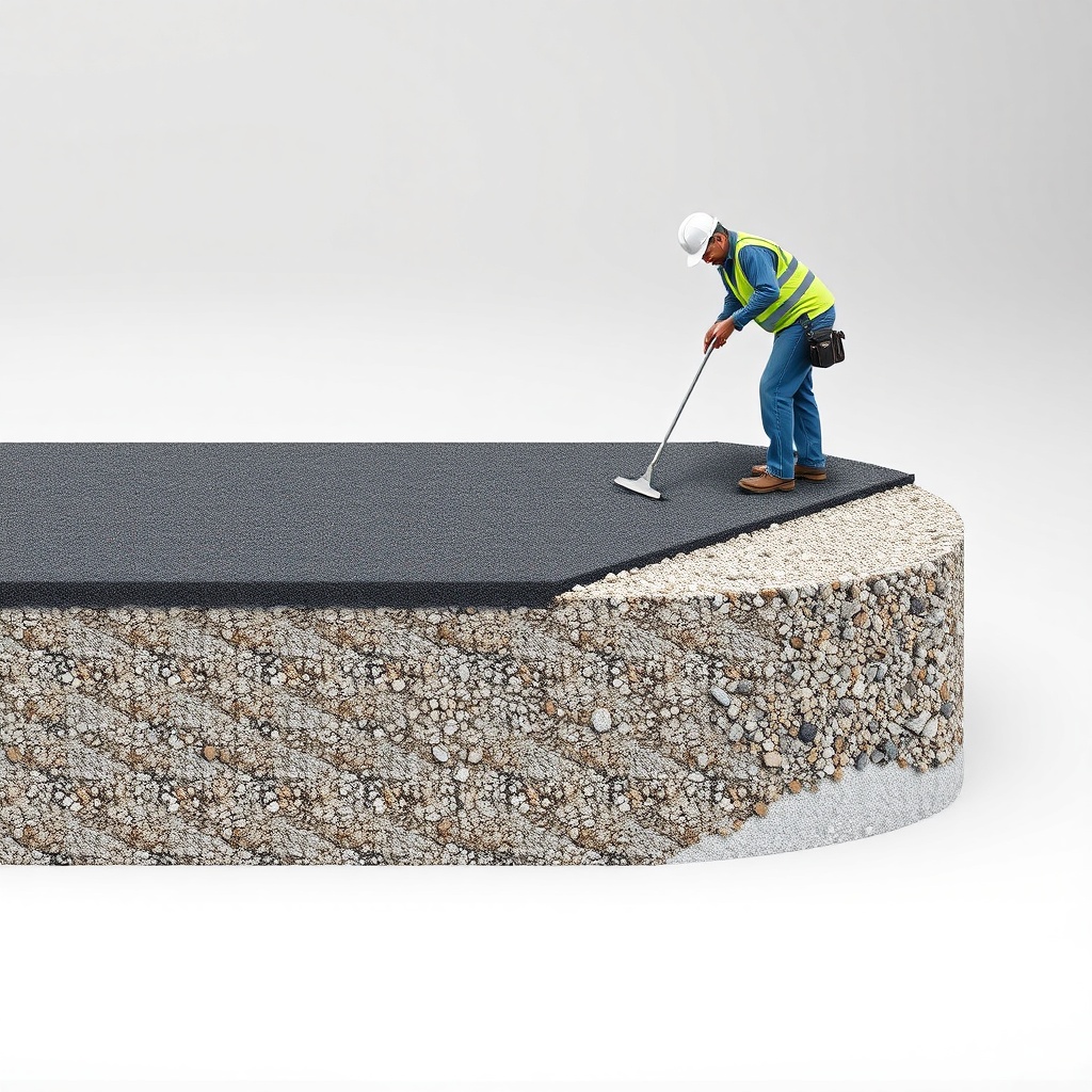 <clean photorealistic photo of a cross-section showing asphalt surface over compacted grav