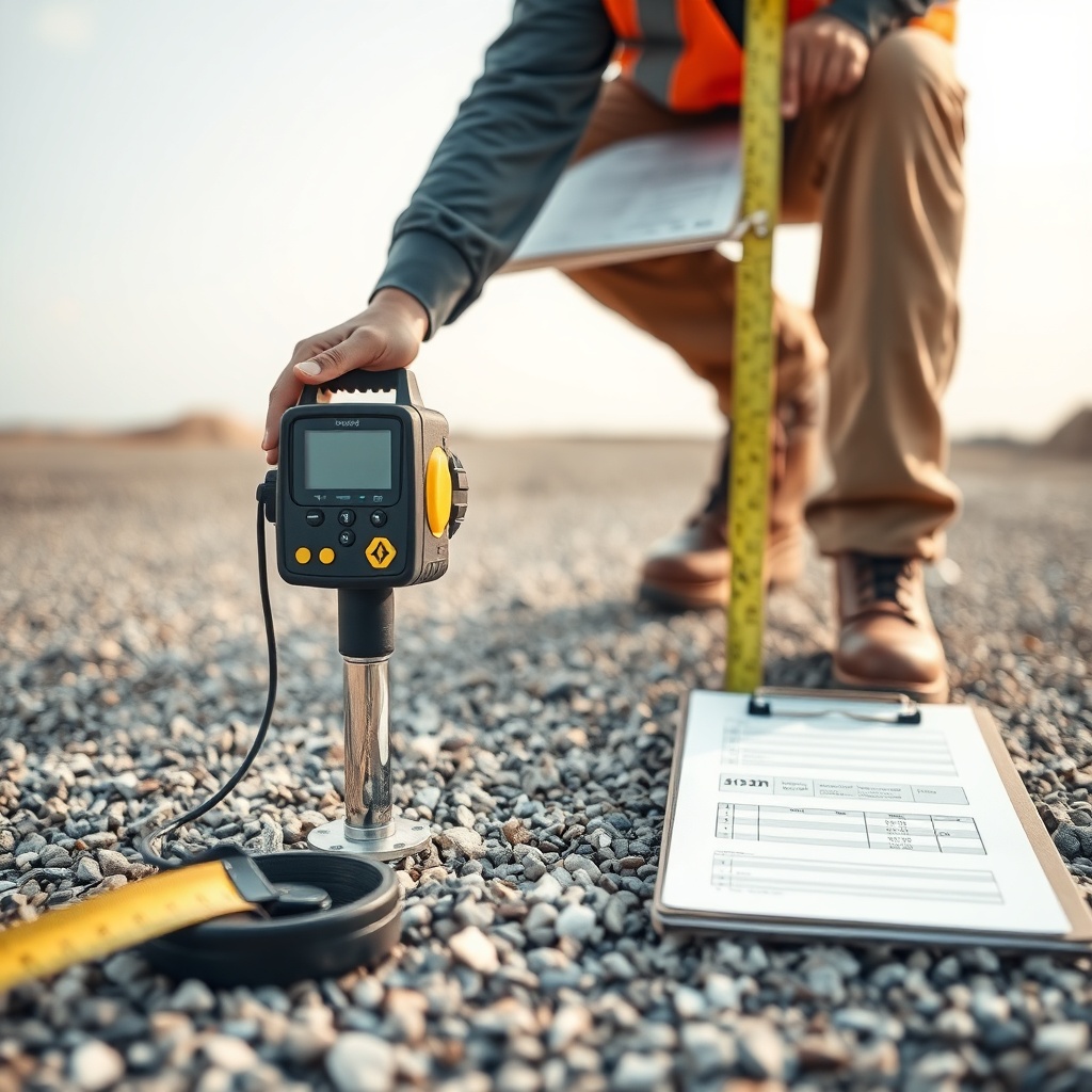 <clean photorealistic photo of a technician using a nuclear densometer on a gravel subgrad