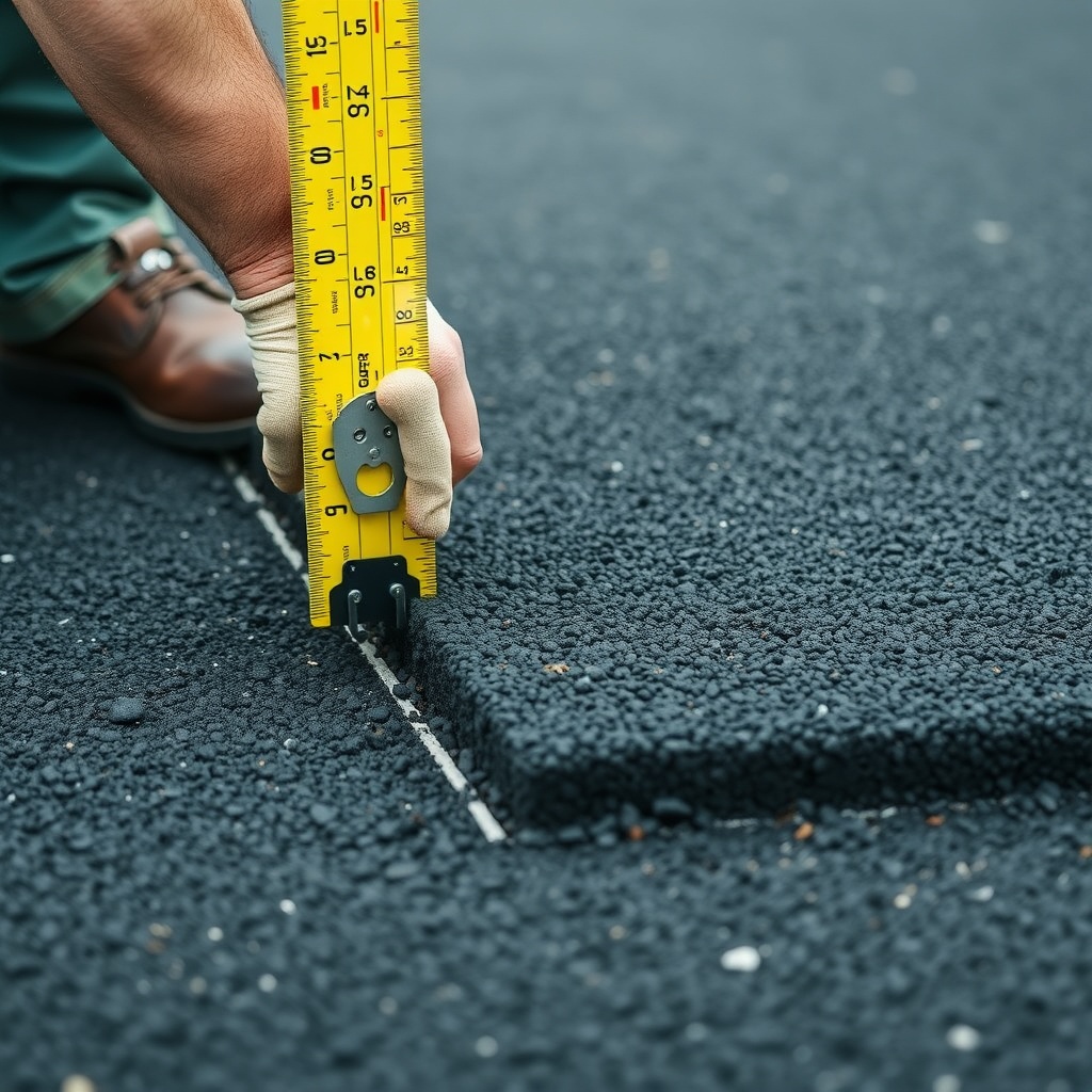 <clean photorealistic photo of a contractor measuring asphalt patch depth with a ruler on