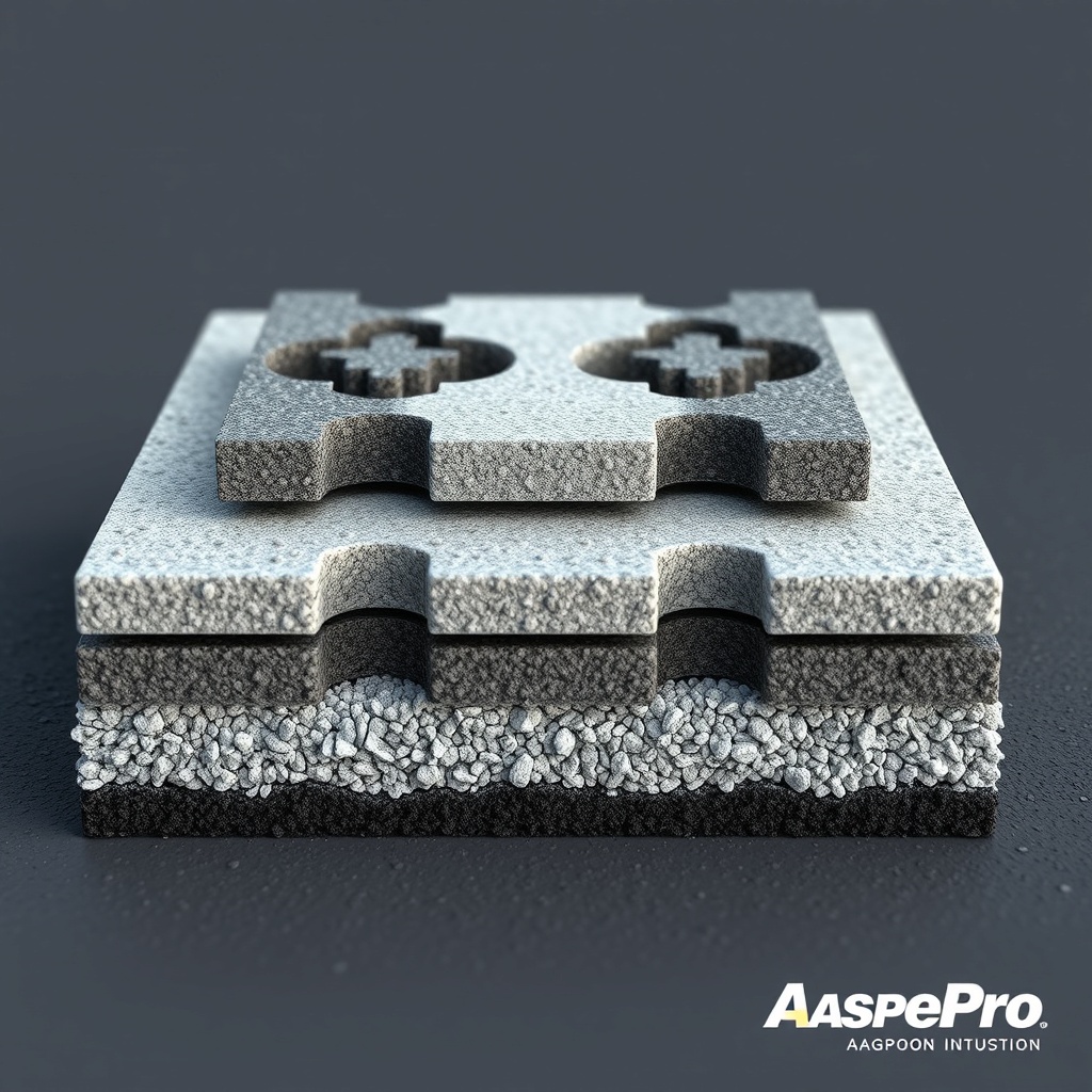 <clean photorealistic photo of a cross-section of an AsphaltPavePro patch showing multiple