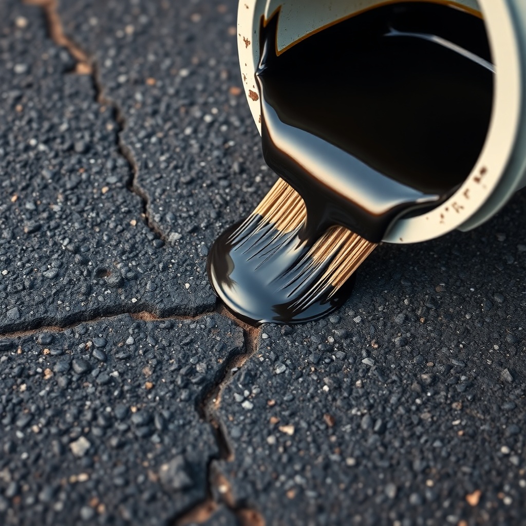 A photorealistic close-up of a driveway crack being filled with a dark