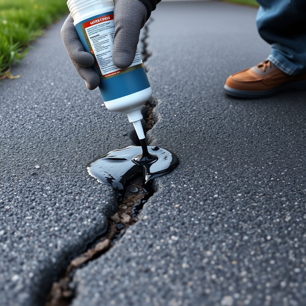 A photorealistic view of a driveway crack being filled with a dark rubberized emulsion fro