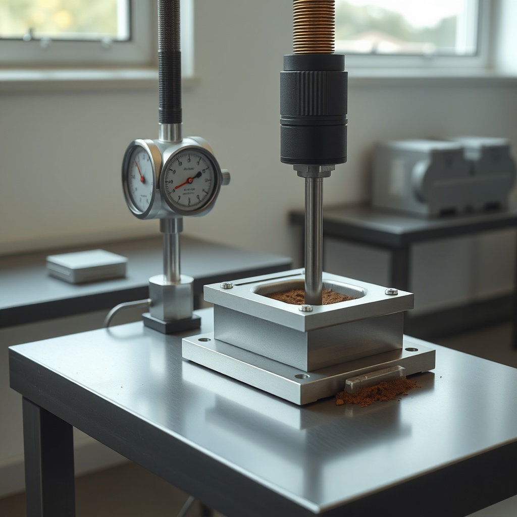 A photorealistic side view of a CBR testing apparatus—a penetration piston pressing into a