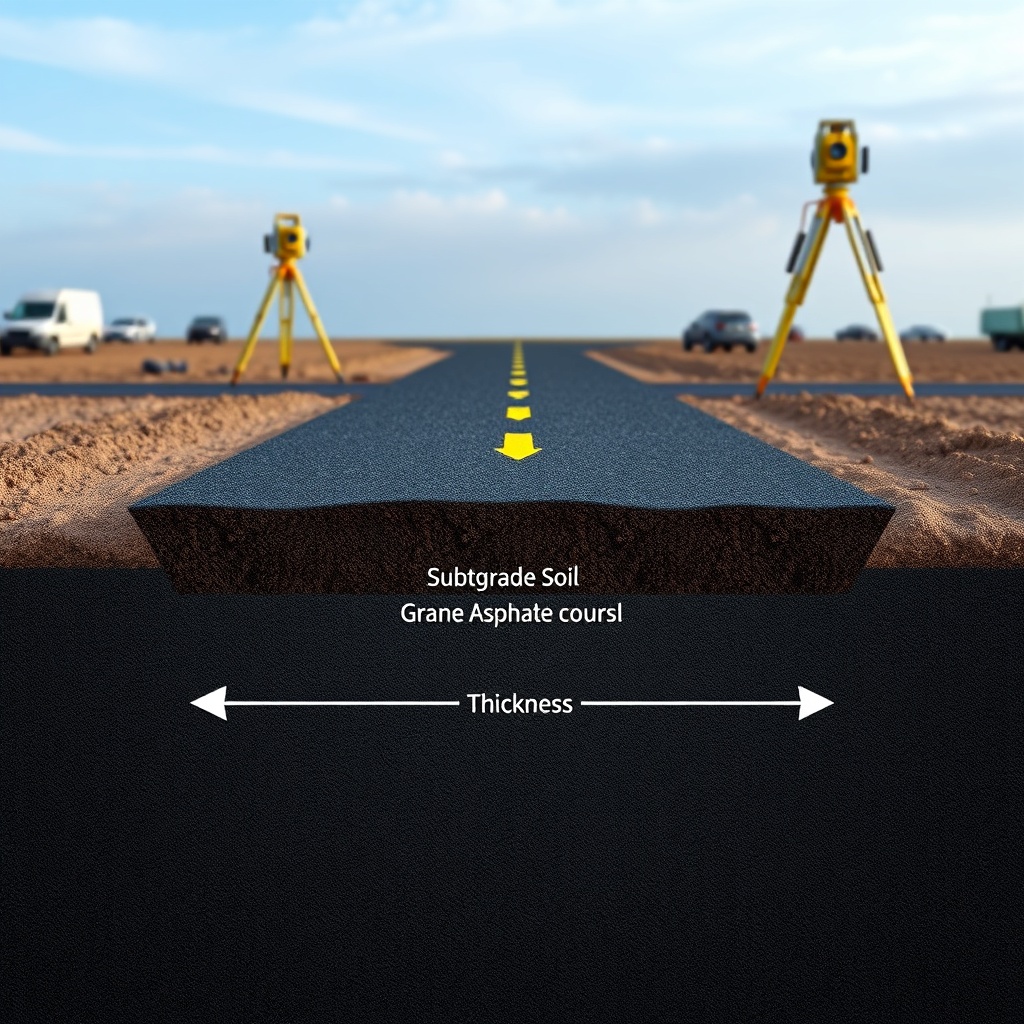 A photorealistic cross-sectional diagram of an asphalt pavement showing subgrade soil