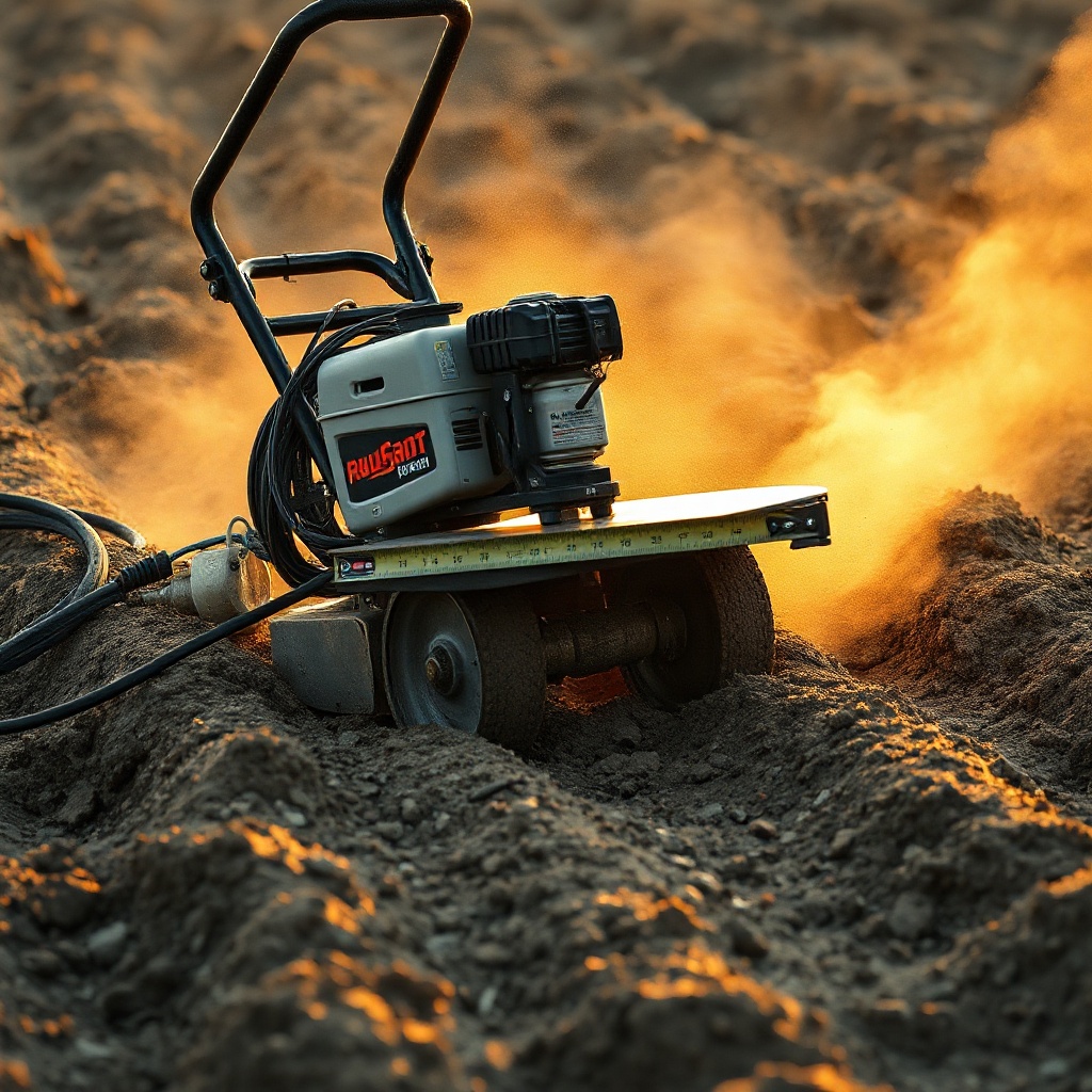 A photorealistic photo of a soil subgrade being compacted with a walk-behind vibratory pla