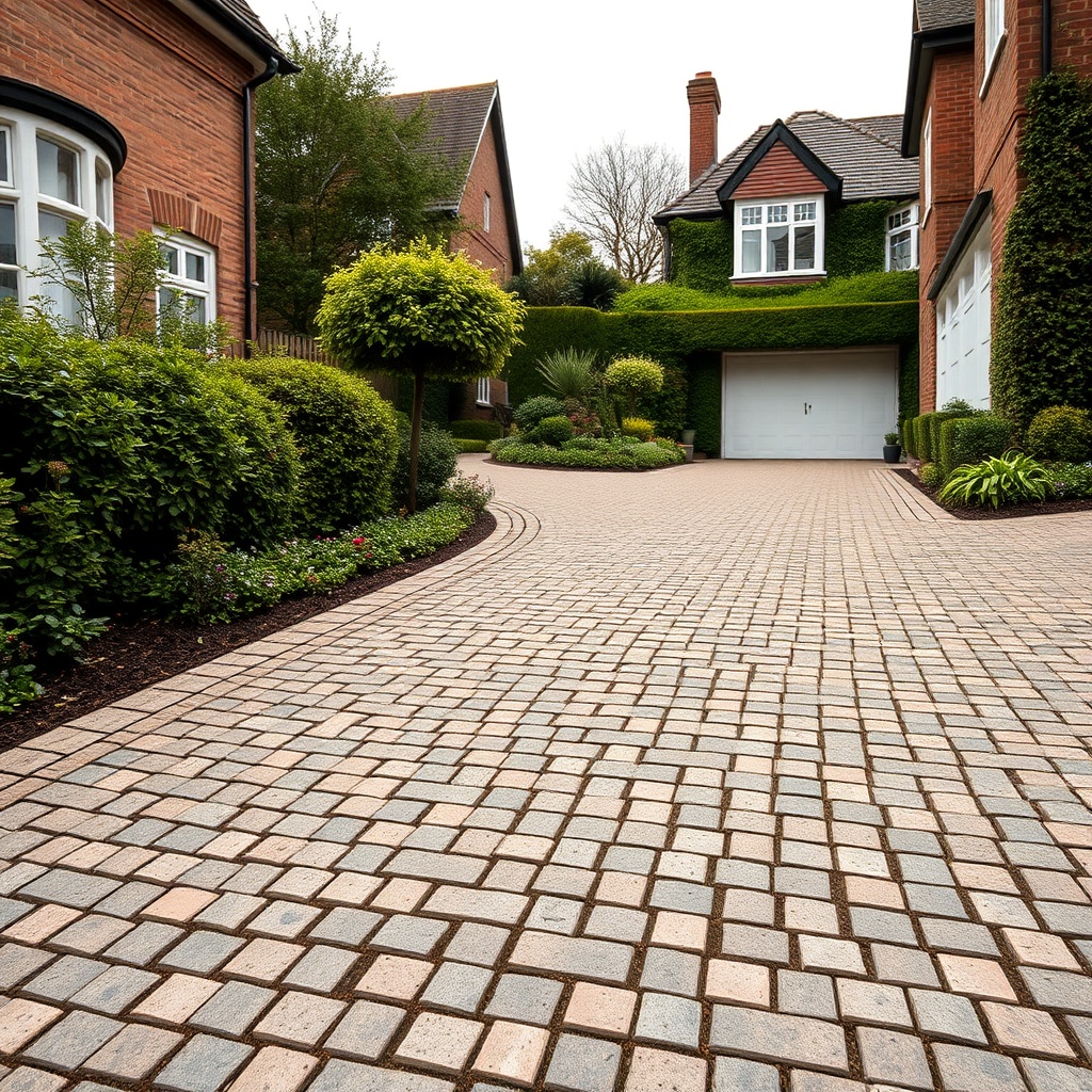 A clean photorealistic photo of a textured driveway with a cobblestone pattern overlay