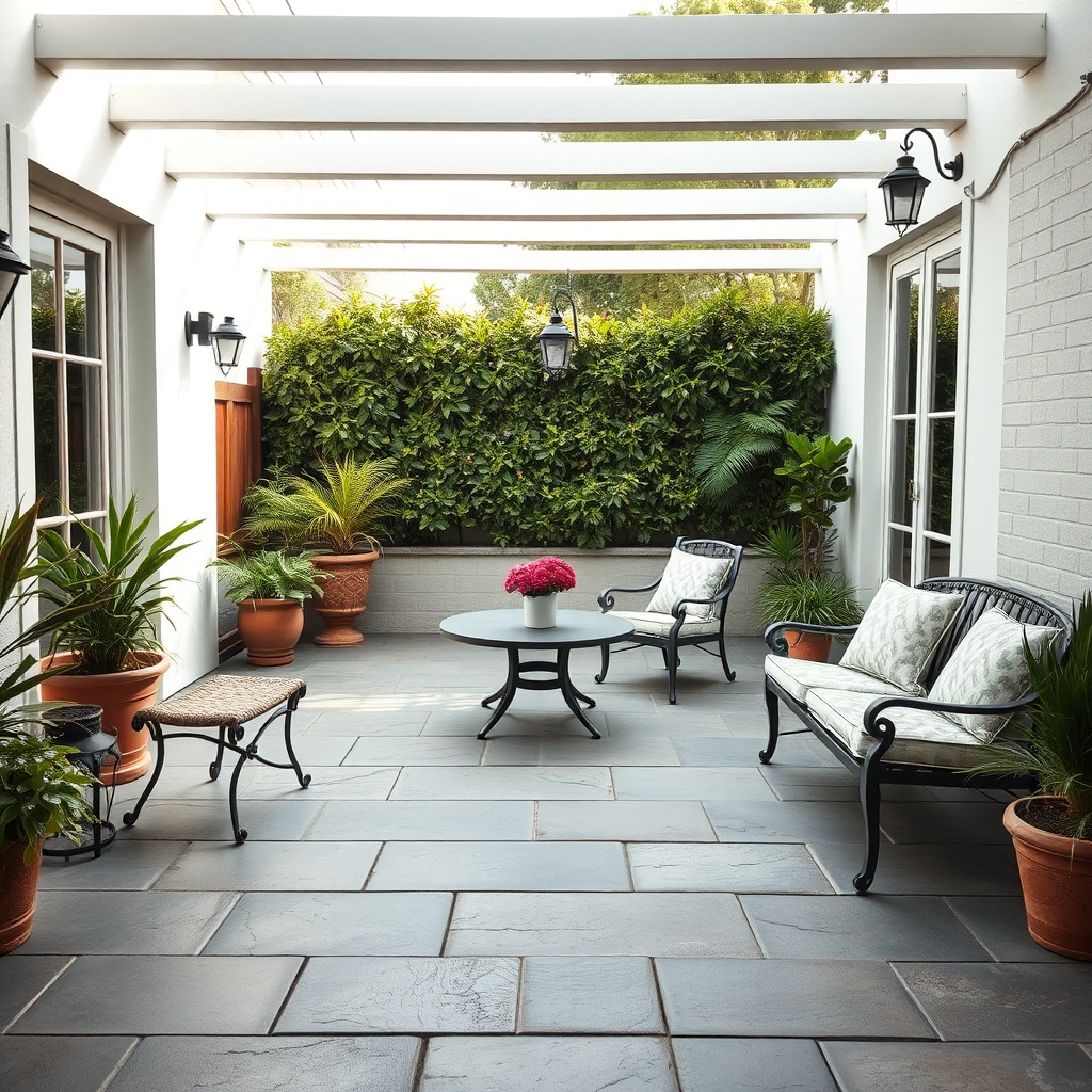 A clean photorealistic photo of a patio with a slate-pattern stamped overlay