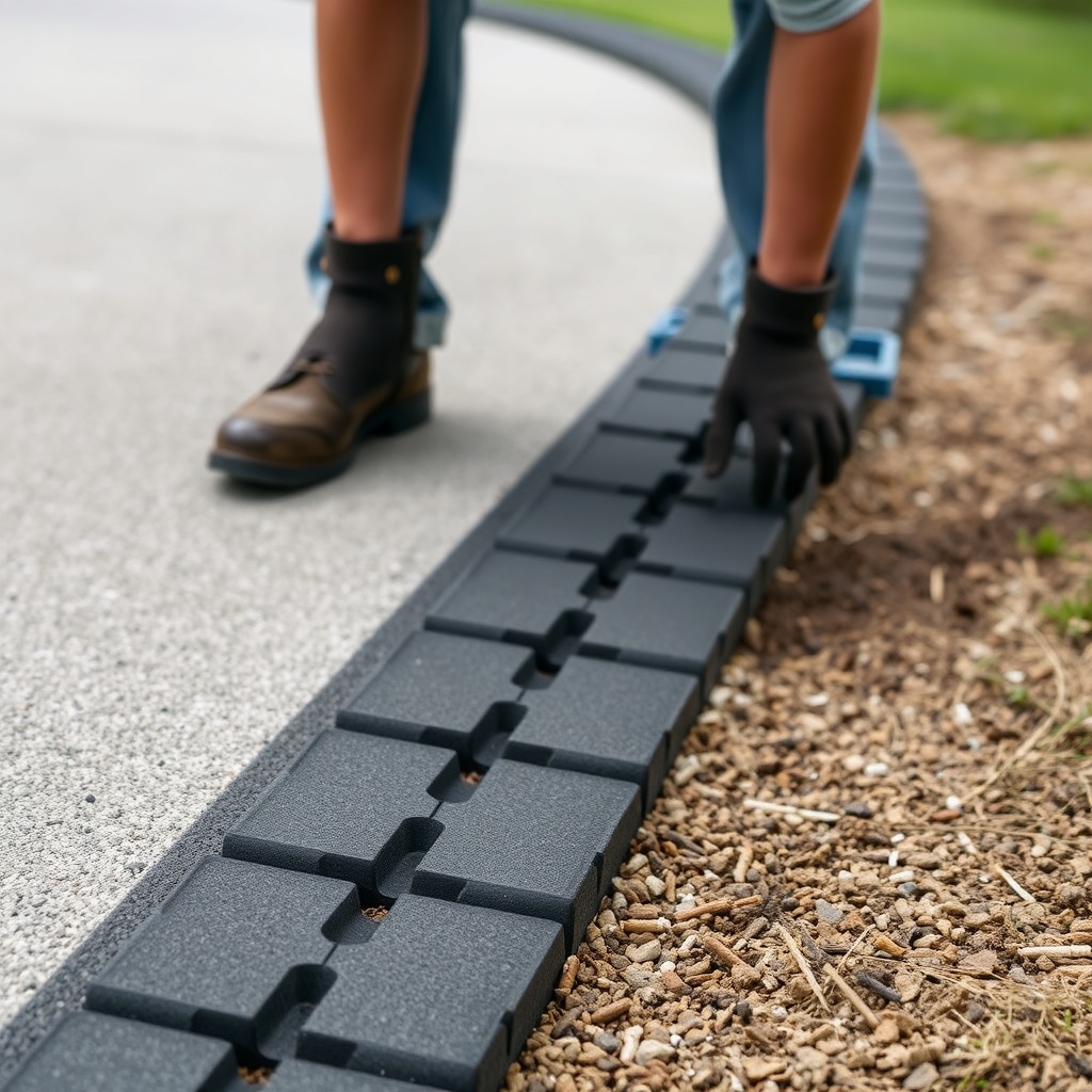 <clean photorealistic photo/illustration showing a worker installing AsphaltPavePro modula