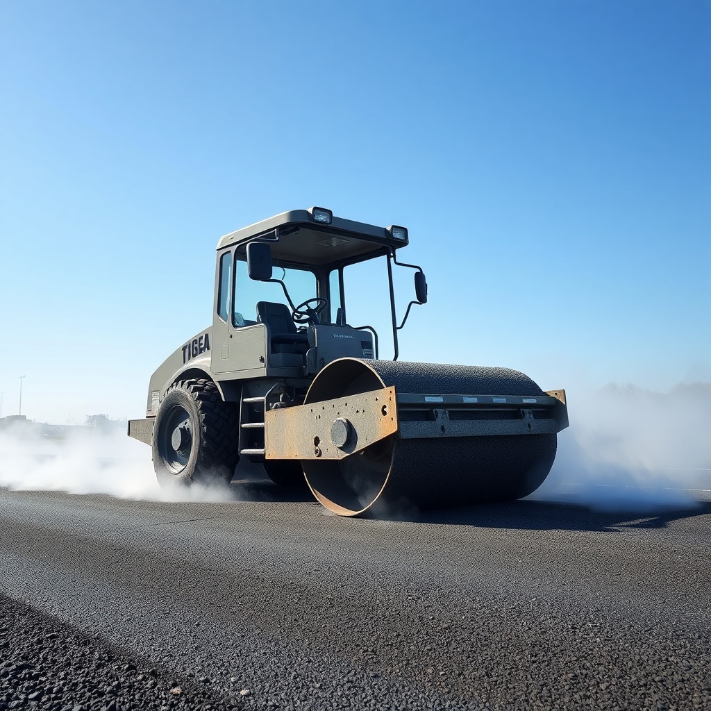 <photorealistic photo of a steel-wheel roller compacting fresh asphalt mat
