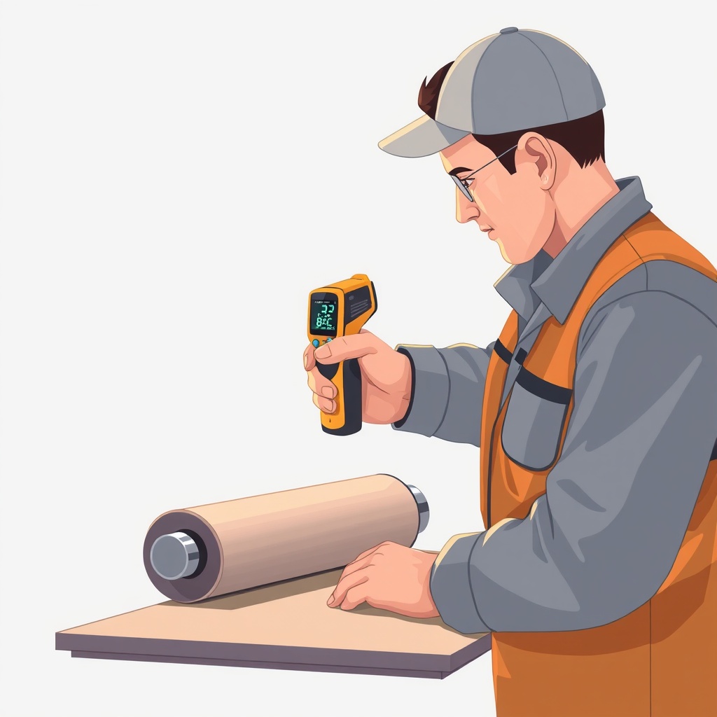 <photorealistic illustration of a roller operator checking a handheld infrared thermometer