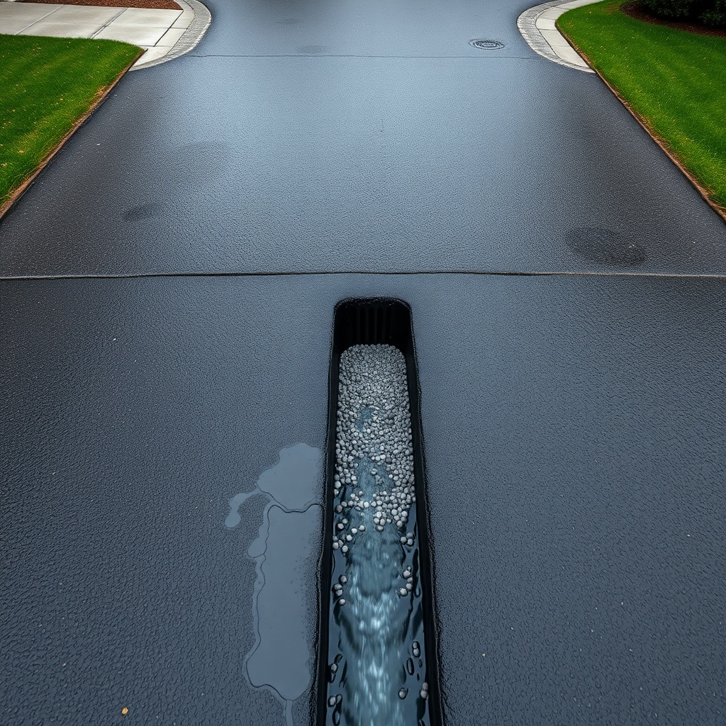 A clean photorealistic overhead photo of a residential asphalt driveway with visible cross